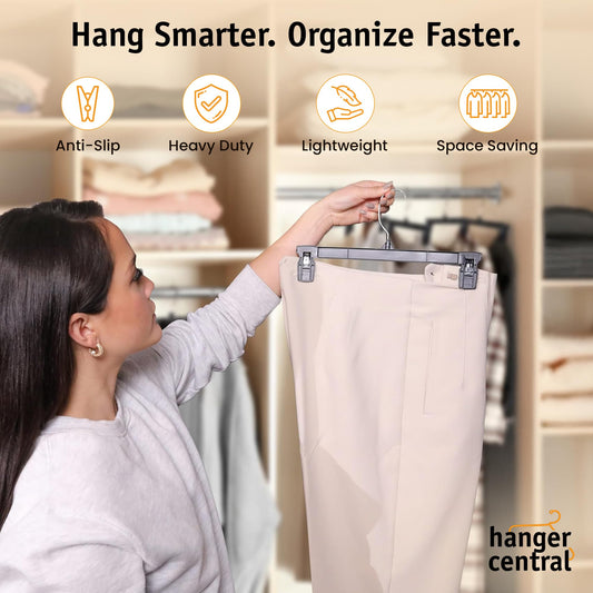 Hanger Central 30 Pack Pants Hangers Slim Plastic Clothes Hangers with Clips for Skirts, Shorts & Trousers – Non Slip Grip, Heavy Duty Space Saver with Swivel Hook – Black Closet Organizer - 12 Inch