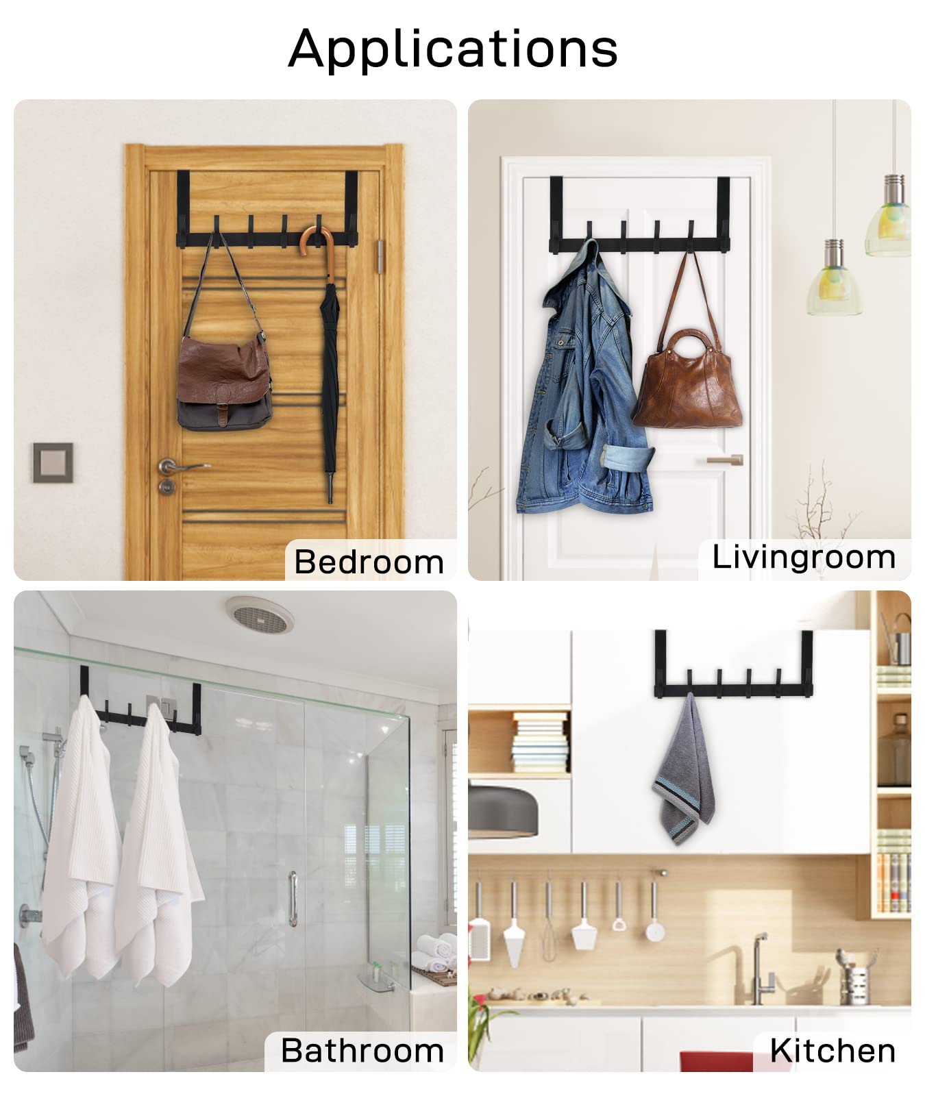 Optish Over The Door Hooks, Door Hanger Hooks for Hanging, Over The Doors Towel Racks for Bathroom with 12 Coat Hook, Coat Rack Dorm Essentials Bathroom Accessories(1 Pack, Black)