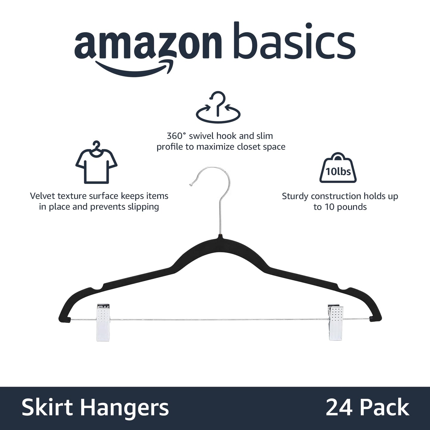 Amazon Basics Velvet Non-Slip Skirt Clothes Hangers with Clips, 360 Degree Rotatable Hook, Organize Pants and Skirts, Black/Silver, 24-Pack