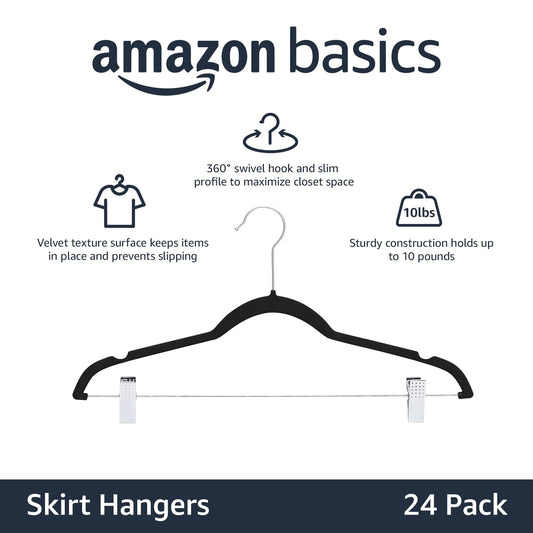 Amazon Basics Velvet Non-Slip Skirt Clothes Hangers with Clips, 360 Degree Rotatable Hook, Organize Pants and Skirts, Black/Silver, 24-Pack