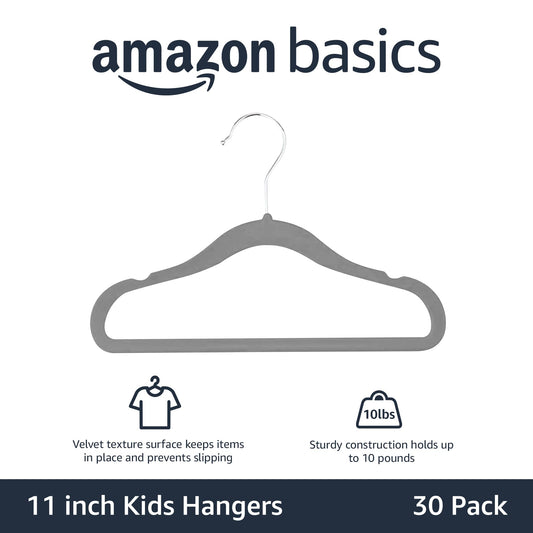 Amazon Basics Kids Velvet Non-Slip Space Saving Clothes Hangers with Shoulder Notches, Sturdy Closet Organizer for Baby/Toddler, 11.6", Gray, 30-Pack