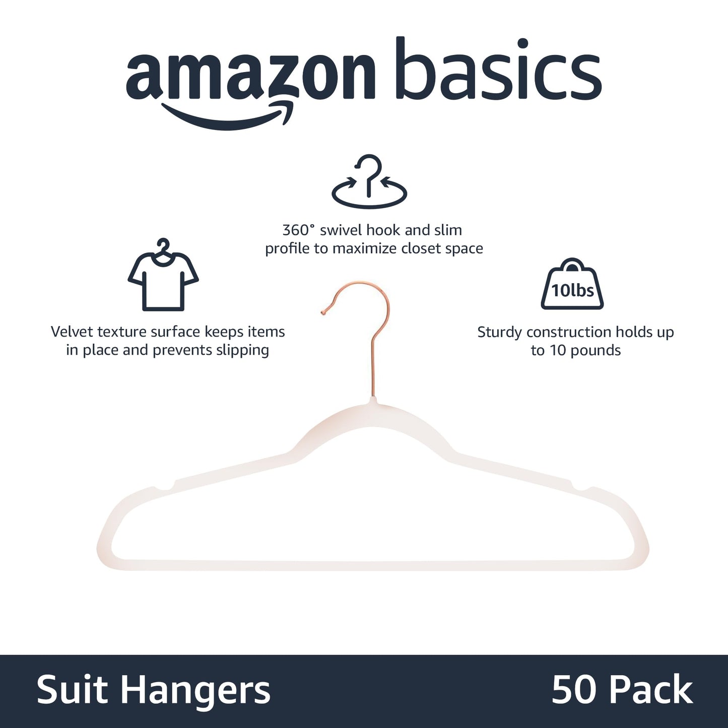 Amazon Basics Space Saving Slim Velvet Non-Slip Suit Clothes Hangers, Sturdy Construction, Closet Organizer, Pack of 50, Blush Pink/Rose Gold