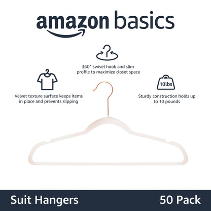 Amazon Basics Space Saving Slim Velvet Non-Slip Suit Clothes Hangers, Sturdy Construction, Closet Organizer, Pack of 50, Blush Pink/Rose Gold