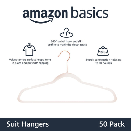 Amazon Basics Space Saving Slim Velvet Non-Slip Suit Clothes Hangers, Sturdy Construction, Closet Organizer, Pack of 50, Blush Pink/Rose Gold