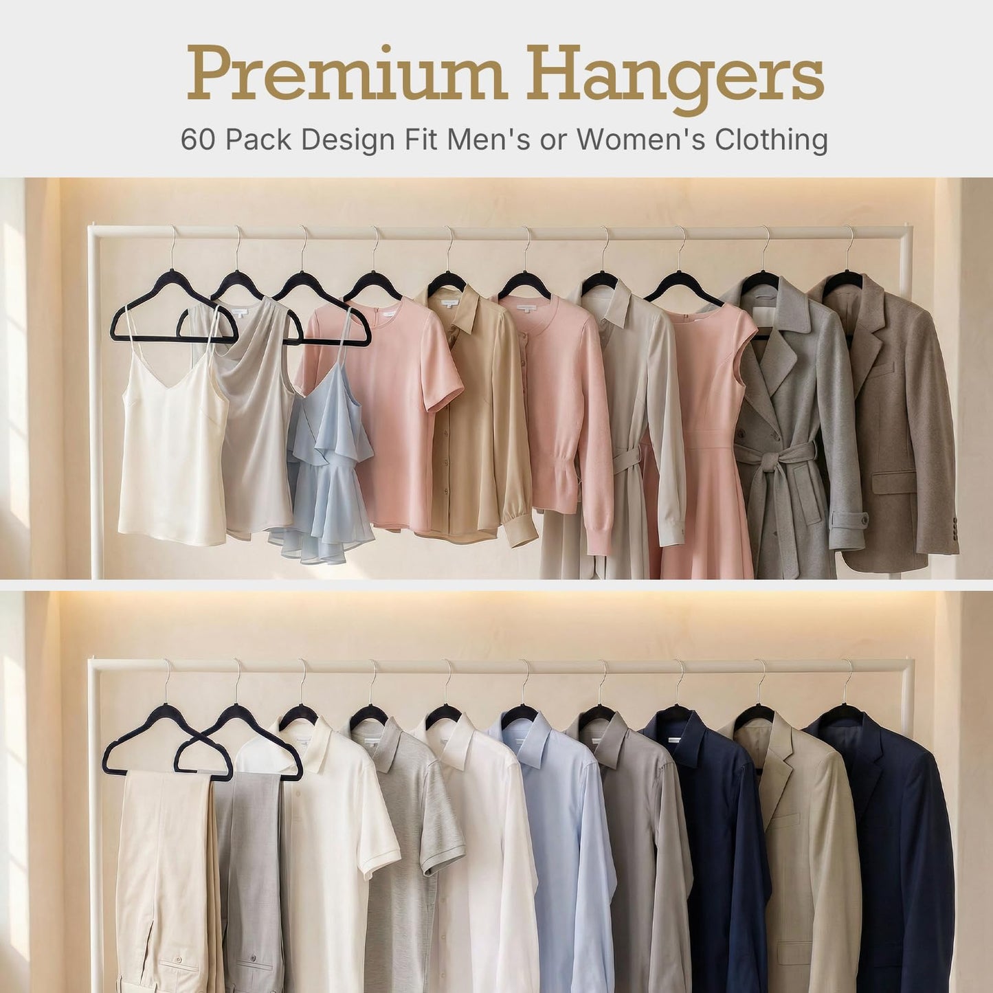HOUSE DAY Black Velvet Hangers 60 Pack, Non Slip Clothes Felt Hanger Heavy Duty for Coat, Premium Slim Space Saving Suit Hangers for Closet Organizer, 360° Rotating Silver Hook