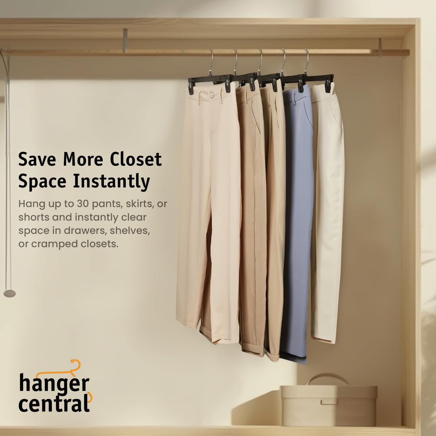 Hanger Central 30 Pack Pants Hangers Slim Plastic Clothes Hangers with Clips for Skirts, Shorts & Trousers – Non Slip Grip, Heavy Duty Space Saver with Swivel Hook – Black Closet Organizer - 12 Inch