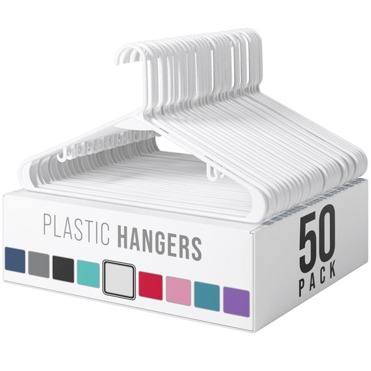 Plastic Hangers 50 Pack White - Clothes Hangers - Makes The Perfect Coat Hanger and General Space Saving Hangers for Closet and New Apartment Essentials - Percheros Ganchos para Colgar Ropa Hangars