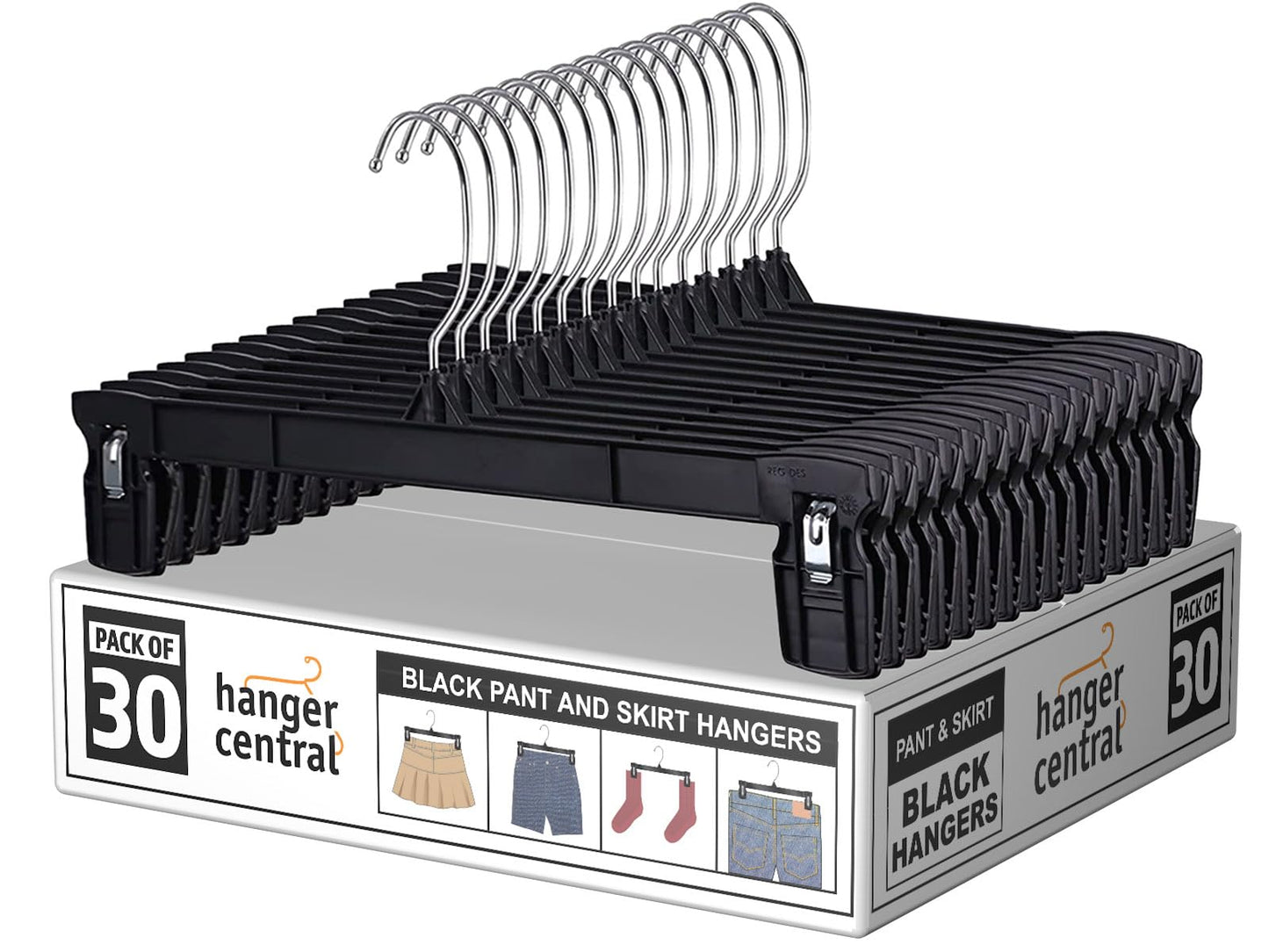 Hanger Central 30 Pack Pants Hangers Slim Plastic Clothes Hangers with Clips for Skirts, Shorts & Trousers – Non Slip Grip, Heavy Duty Space Saver with Swivel Hook – Black Closet Organizer - 12 Inch