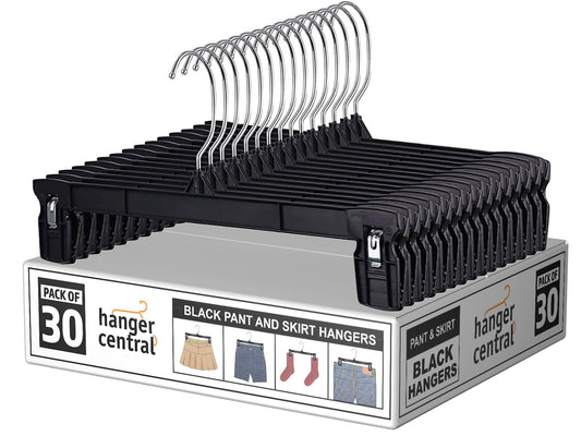 Hanger Central 30 Pack Pants Hangers Slim Plastic Clothes Hangers with Clips for Skirts, Shorts & Trousers – Non Slip Grip, Heavy Duty Space Saver with Swivel Hook – Black Closet Organizer - 12 Inch