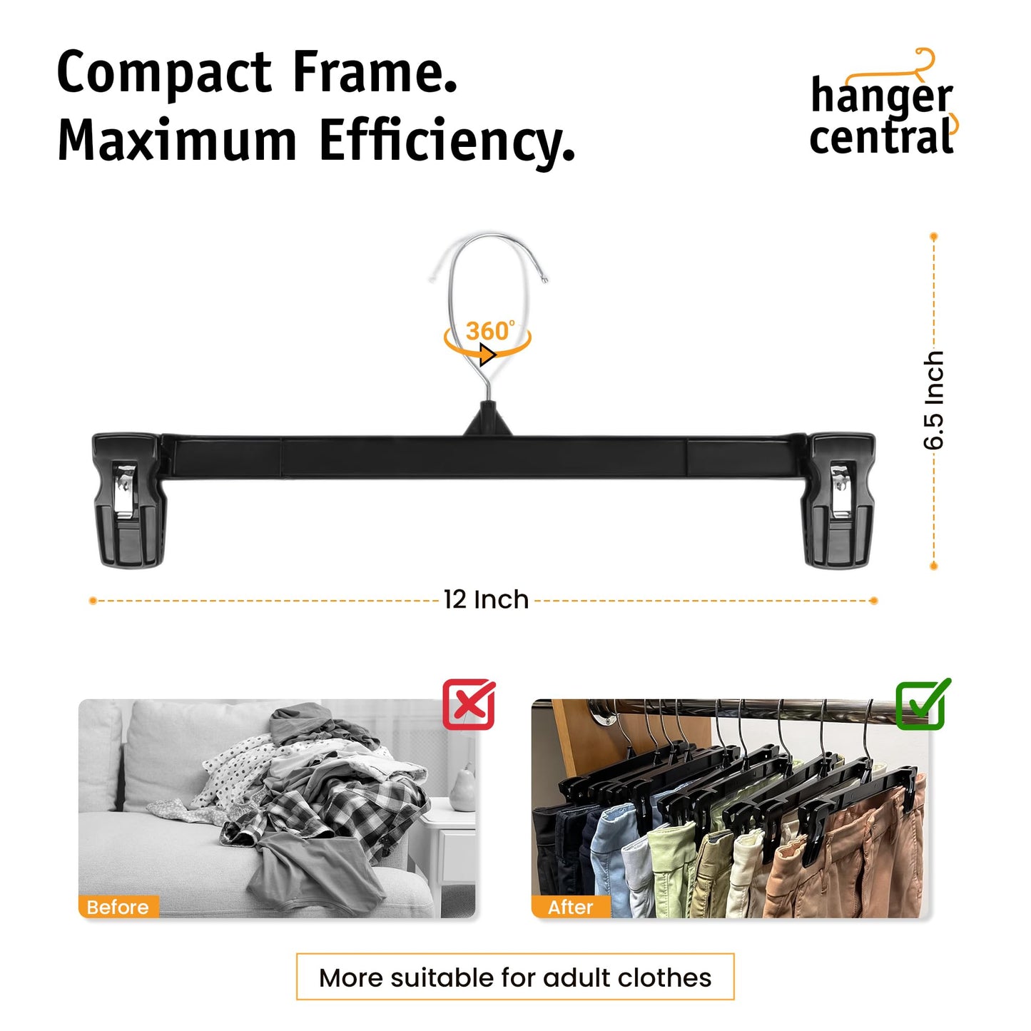 Hanger Central 30 Pack Pants Hangers Slim Plastic Clothes Hangers with Clips for Skirts, Shorts & Trousers – Non Slip Grip, Heavy Duty Space Saver with Swivel Hook – Black Closet Organizer - 12 Inch