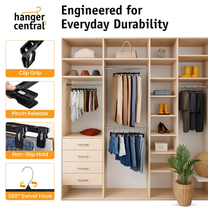 Hanger Central 30 Pack Pants Hangers Slim Plastic Clothes Hangers with Clips for Skirts, Shorts & Trousers – Non Slip Grip, Heavy Duty Space Saver with Swivel Hook – Black Closet Organizer - 12 Inch