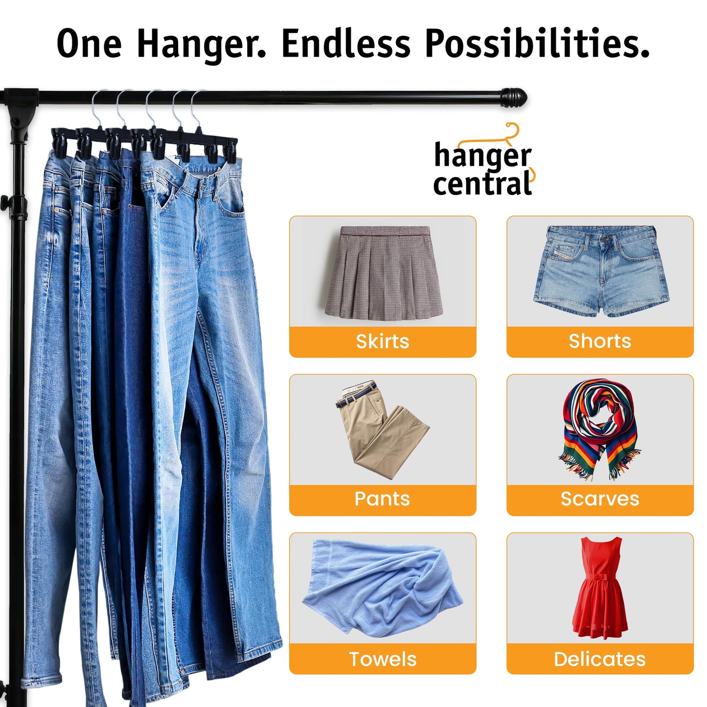 Hanger Central 30 Pack Pants Hangers Slim Plastic Clothes Hangers with Clips for Skirts, Shorts & Trousers – Non Slip Grip, Heavy Duty Space Saver with Swivel Hook – Black Closet Organizer - 12 Inch